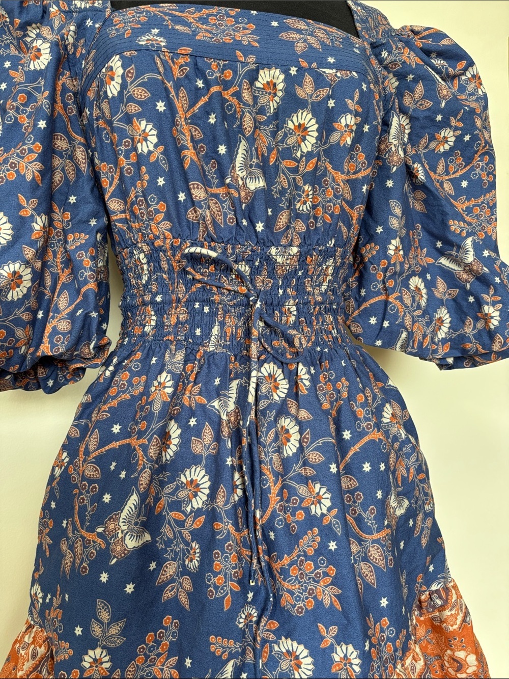 House of Harlow Navy Blue Orange Floral Puff-Sleeve Smocked Mini Dress - Picture 2 of 13